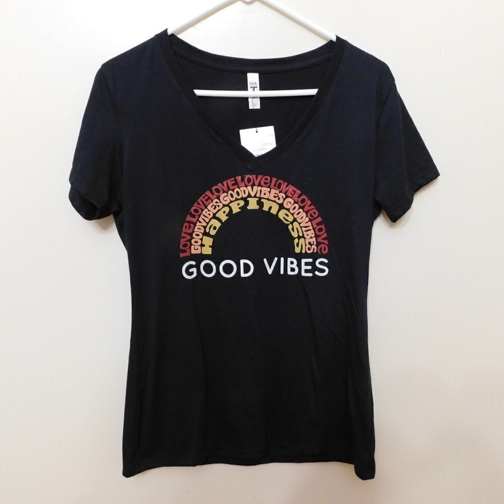 JR302 Ideal Black Juniors' Word Art Design Good Vibes Short Sleeve T-Shirt  XL